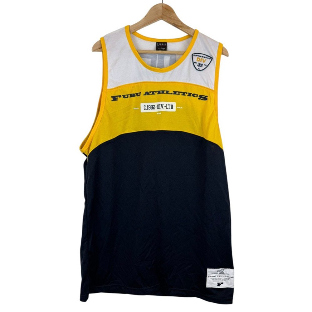 Vintage FUBU Jersey Mens L Yellow Blue 05 Basketball Tank Top Y2K 90s Hip Hop